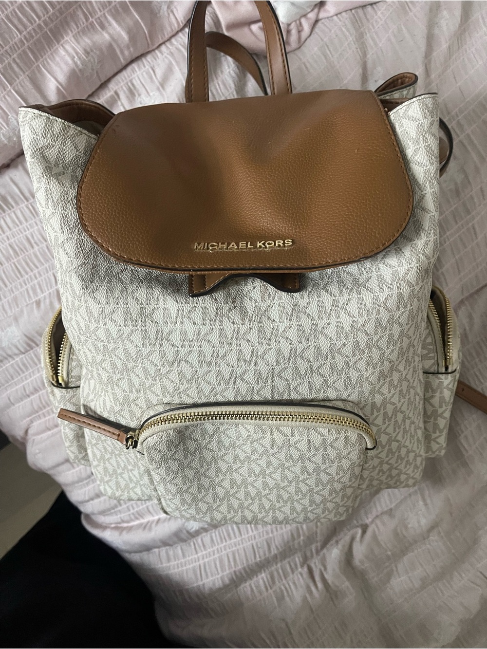 Michael Kors Cream Logo Canvas Backpack with Brown Leather Flap